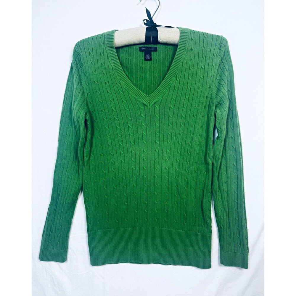 Tommy Hilfiger Women’s Green Cable-Knit V-Neck Pullover Sweater Logo Size L